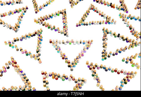 Crowd of small symbolic figures forming triangles shape, 3d illustration, horizontal, isolated, over white Stock Photo