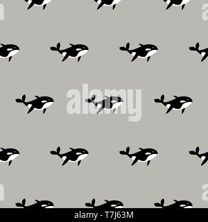 Orca whale seamless vector pattern. Cartoon style black and white fish background. Stock Vector