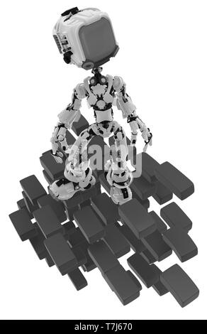 Screen robot figure character pose standing on black bricks, 3d illustration, vertical, isolated Stock Photo