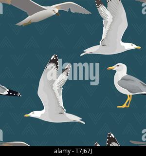 Sea gulls seamless pattern. Hovering, soaring, standing, with folded wings, resting, curious. Flying mew Stock Vector