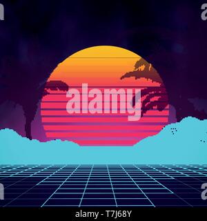 Retro background futuristic landscape with palm tree silhouette 1980s style. Digital retro palms landscape cyber surface. Retro music album cover Stock Vector
