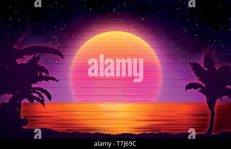 Retro background futuristic landscape with palm tree silhouette 1980s style. Digital retro palms landscape cyber surface. Retro music album cover Stock Vector