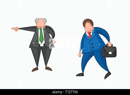 Hand-drawn vector illustration boss firing businessman worker. Colored and colored outlines. Stock Vector