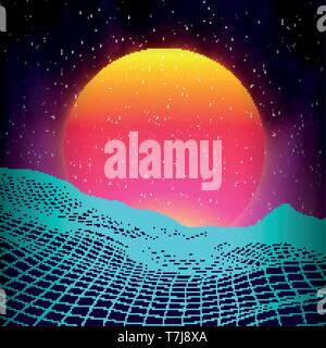 Retro background futuristic landscape 1980s style. Digital retro landscape cyber surface. Retro music album cover template sun, space, mountains . 80s Stock Vector