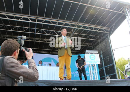 Brexit party leader Nigel Farage speaking in Chester at a Brexit party rally ahead of the European election Stock Photo