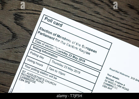 European Parliament election, 2019, poll card. Election of Members of the European Parliament for the Eastern Region. Stock Photo