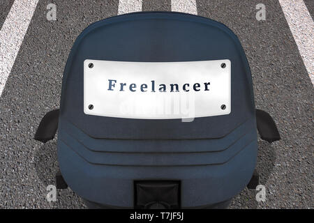 Freelance remote work concept poster. Text FREELANCER. Office chair on marked runway or highway in start position. Car ID plate on back with inscripti Stock Photo