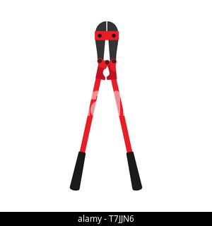 Bolt cutter red vector icon tool construction isolated equipment. Metal handle industry instrument. Flat big heavy element Stock Vector