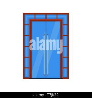 Door mirror vector icon interior frame blue glass. Cartoon inside flat architecture closed entrance. Office transparent exit reflection Stock Vector