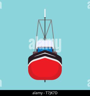 Fishing boat front view vector icon. Sea ship water marine vessel transport isolated. Sail flat commercial cartoon offshore tanker Stock Vector