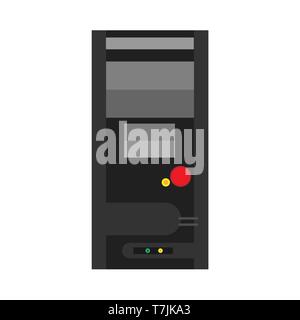 Tower computer vector flat icon server hardware, Black PC cpu case network. Workstation system office box tall storage Stock Vector
