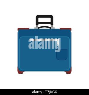 Suitcase travel front view vector icon. Baggage vacation bag isolated white. Journey handle blue trolley valise Stock Vector
