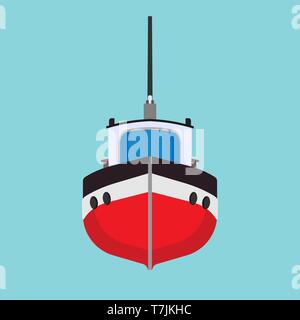 Tug boat vector icon transportation vessel sea. Marine ship industry freight. Tow mini tanker flat cartoon front view Stock Vector