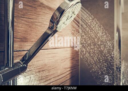 Running Water in a Shower. Modern Bathroom Interior. Stock Photo