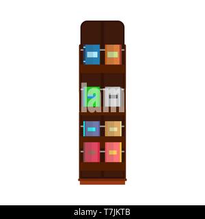 Book shelf shop vector education collection library bookcase literature. Interior wood stack furniture room row. Stock Vector