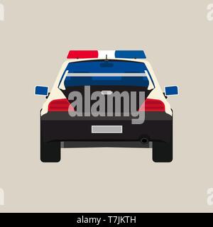 Police car back view vector flat icon. Vehicle cop isolated black patrol crime. Urban guard sheriff sedan headlight Stock Vector
