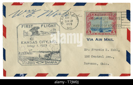Kansas City, Missouri, The USA  - 1 MAY 1929: US historical envelope: cover with cachet first flight St. Louis, Omaha, airplane flying over the farm Stock Photo