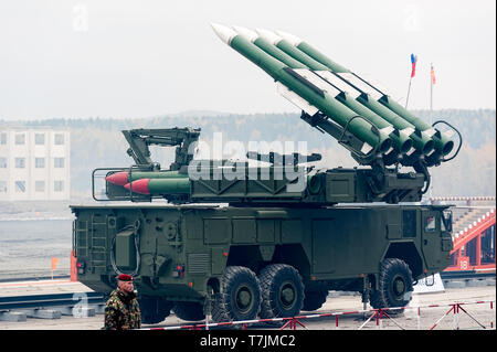 Nizhniy Tagil, Russia - September 26. 2013: Bouck M2 complex placed on wheel drive truck MZKT-69221 Medium-range surface-to-air missile systems on dem Stock Photo