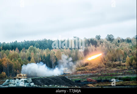 Nizhniy Tagil, Russia - September 27. 2013: Display of fighting opportunities of arms and military equipment of land forces. TOS-1A system from fighti Stock Photo