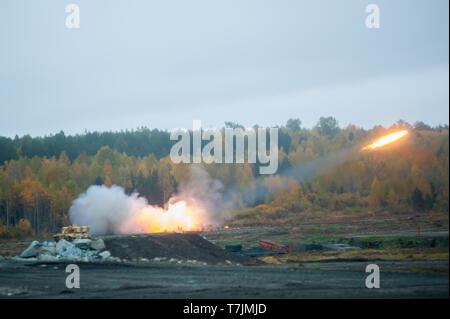 Nizhniy Tagil, Russia - September 27. 2013: TOS-1A system from fighting and resupply vehicles . Display of fighting opportunities of arms and military Stock Photo