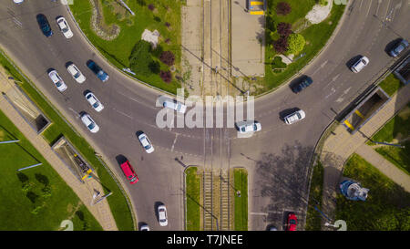 Overhead drone shot of beautiful park and busy roundabout Stock Photo ...