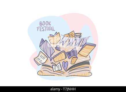 Book festival concept. Lettering with books in doodle style. Symbols of reading emblem isolated on white background. Vector illustration. Stock Vector