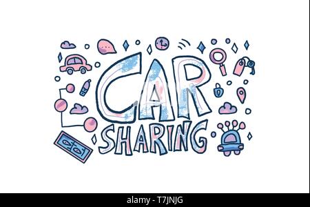 Car sharing concept. Hand lettering with symbols. Vector illustration. Stock Vector