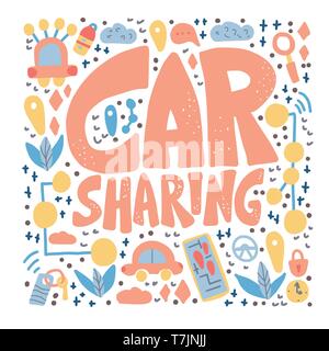 Car sharing concept. Hand lettering with symbols. Vector illustration. Stock Vector