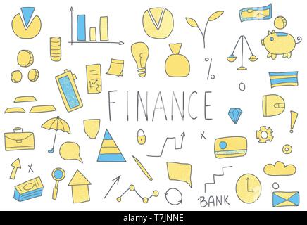 Set of finance hand drawn elements isolated on white background. Business concept with symbols in doodle style. Vector color illustration. Stock Vector