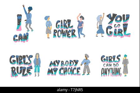 Girl power set of quotes with women characters isolated. GRL PWR hand lettering. Feminist slogans. You go girl, My body my choice, The future is femal Stock Vector
