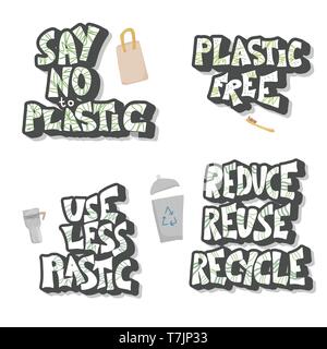 No plastic concept. Quotes with eco lifestyle elements isolated on white background. Emblem with handwritten lettering and zero waste symbols set. Vec Stock Vector