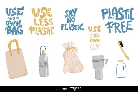 No plastic concept. Set of quotes with eco lifestyle elements isolated on white background. Collection of handwritten lettering and zero waste symbols Stock Vector