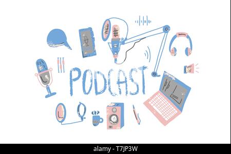 Podcast emblem with handwritten lettering and decoration. Text and podcasts symbols isolated on white background. Vector illustration. Stock Vector