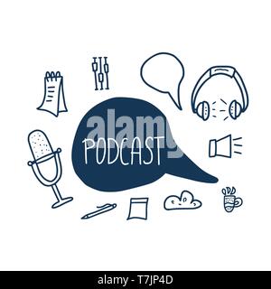 Podcast emblem with handwritten lettering and decoration. Text and podcasts symbols isolated on white background. Vector illustration. Stock Vector