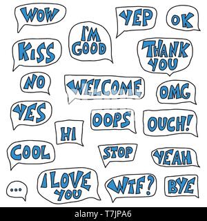Set of short phrases. Hand drawn collection of speech bubbles with stylized words. Vector lettering elements in doodle style. Stock Vector
