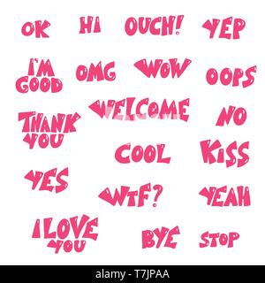Set of expressions. Ok, yep, wow, omg, welcome, cool, thank you, yes, hi, I'm good, I love you, bye,no, stop phrases.  Poster, banner, greeting card,  Stock Vector