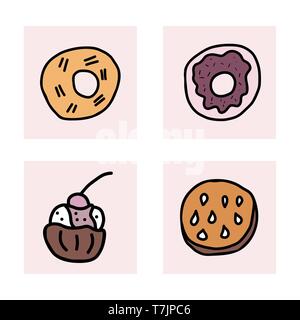 Vector set of desserts. Sweets cakes, donuts, candy and others snacks in doodle style isolated on white background. Stock Vector