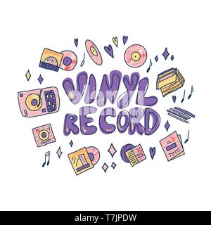 Vinyl records concept. Emblem with Vinyl record lettering. Text with musical symbols isolated. Vector color illustration. Stock Vector