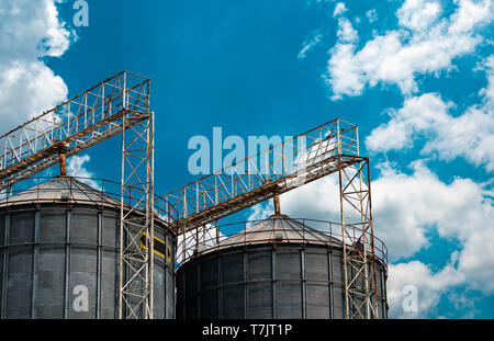 Agricultural silo at feed mill factory. Flat silo for store and drying grain, wheat, corn at farm. Storage of agricultural product. Big tank for store Stock Photo