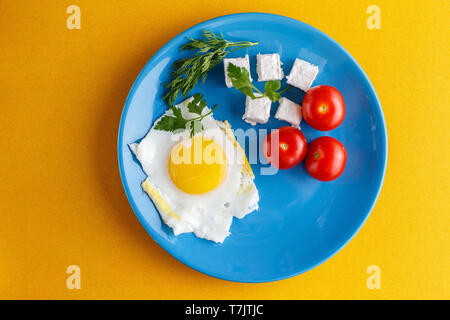 Turkish Breakfast on a blue plate on a bright yellow background