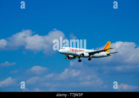 Barcelona, Spain, September 30, 2018, plane Boeing 737 Pegasus Airlines company, Flypgs, landing at the El Prat airport, Barcelona Stock Photo