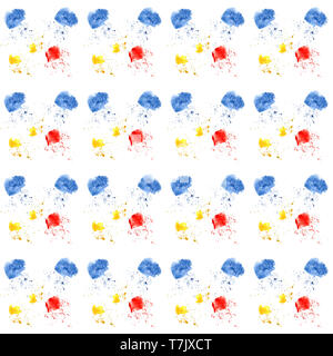 Seamless pattern with abstract watercolor spot with droplets, smudges, stains, splashes. Three bright red yellow and blue color blot in grunge style.  Stock Photo