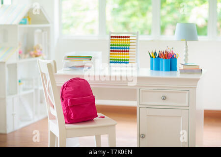 Kids Bedroom With Wooden Desk And Doll House White Sunny Room