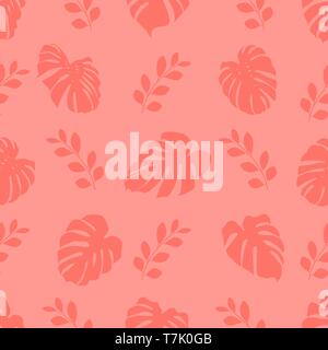 Seamless pattern with tropical monstera leaves. Vector illustration. Seamless background with pink leaves Stock Vector