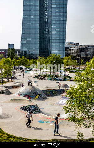 Frankfurt am Main, Gebäude der Europäische Zentralbank EZB, Skaterpark Osthafen, am Hafenpark, Stock Photo