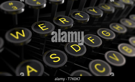3d illustration: Vintage typewriter keys with yellow letters close-up, focus in the center, blur at the edges. Writer's concept of writing texts, book Stock Photo
