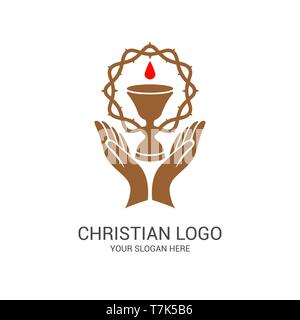 Church logo and biblical symbols. The unity of believers in Jesus Christ, the worship of God, participation in the evening of the Lord and the reading Stock Vector