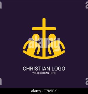 Church logo and biblical symbols. The unity of believers in Jesus Christ, the worship of God, participation in the evening of the Lord and the reading Stock Vector