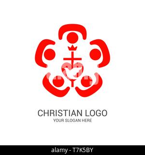 Church logo and biblical symbols. The unity of believers in Jesus Christ, the worship of God, participation in the evening of the Lord and the reading Stock Vector