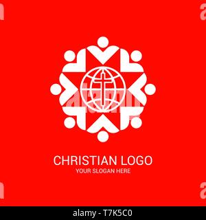 Church logo and biblical symbols. The unity of believers in Jesus Christ, the worship of God, participation in the evening of the Lord and the reading Stock Vector